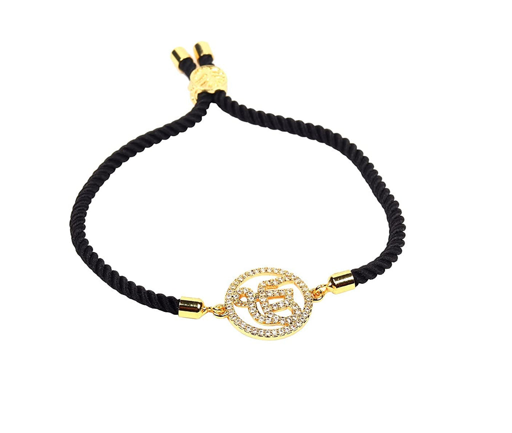 STRIPES® Gold Color Ek Onkar with Rhinestone Bracelet Black String Kabbalah Protection Handmade Adjustable Rope Cord Thread Friendship Bracelets For Women/Girls