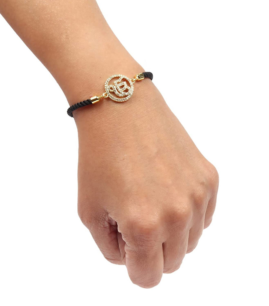 STRIPES® Gold Color Ek Onkar with Rhinestone Bracelet Black String Kabbalah Protection Handmade Adjustable Rope Cord Thread Friendship Bracelets For Women/Girls