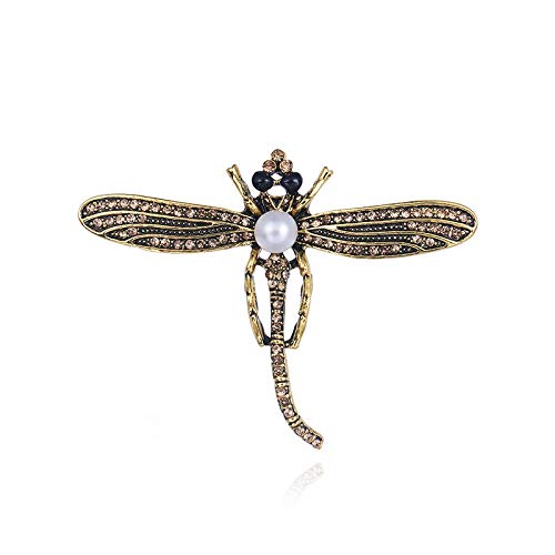 Dragonfly Brooch, Dress Decoration Dragonfly Design Crystal and Pearl Bronze Colour Saree Pin/Coat Pin/Brooch for Unisex men & women