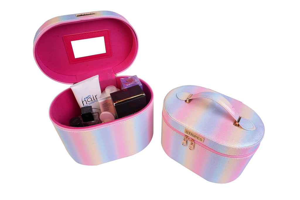 STRIPES Makeup Organizer Box for Travel Vanity Box for Women Makeup kit | Makeup Bag Makeup Box | Pack of 2 (Multi Colour)