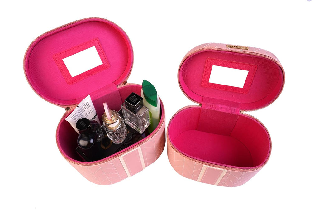 STRIPES Makeup Organizer Box for Travel Vanity Box for Women Makeup kit | Makeup Bag Makeup Box | Pack of 2 (Peach Colour)