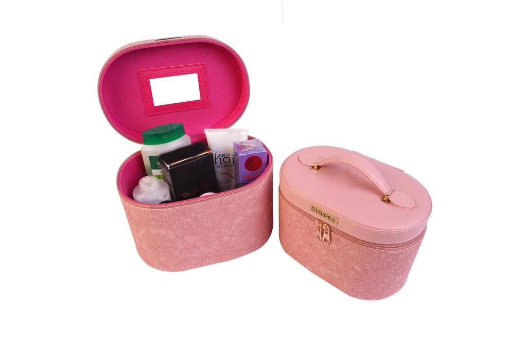 STRIPES Makeup Organizer Box for Travel Vanity Box for Women Makeup kit | Makeup Bag Makeup Box | Pack of 2 (Peach Flower)