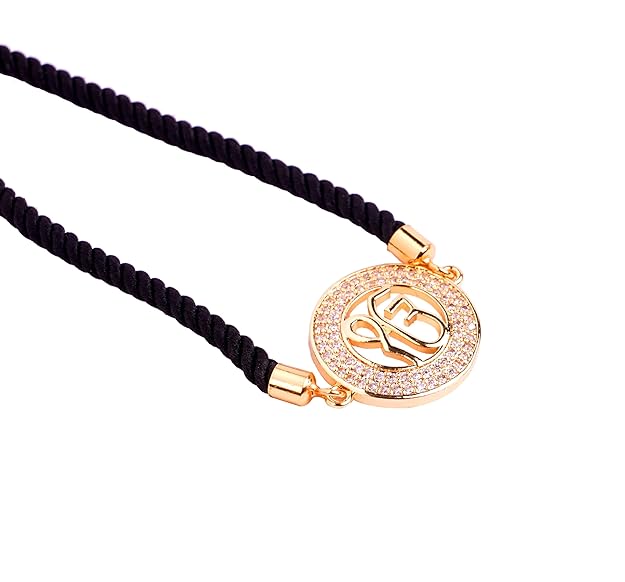 STRIPES® Gold Ik Onkar Bracelet with Black String Handmade Adjustable Rope Cord Thread | Friendship Bracelet For Women/Girls (XJ6056)