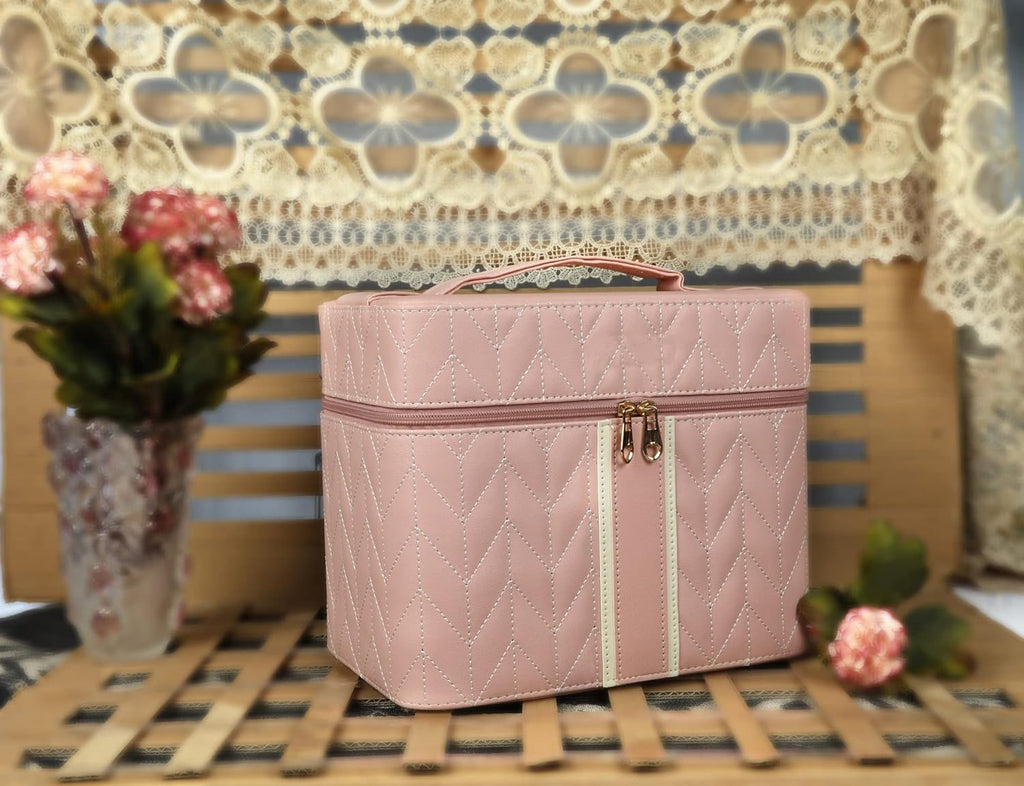 STRIPES Professional Beauty Make Up Case Nail Cosmetic Box Vanity Case (27 * 22 * 17 Cm) (Light Peach)