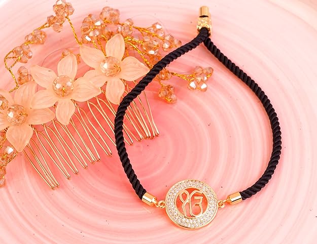 STRIPES® Gold Ik Onkar Bracelet with Black String Handmade Adjustable Rope Cord Thread | Friendship Bracelet For Women/Girls (XJ6056)