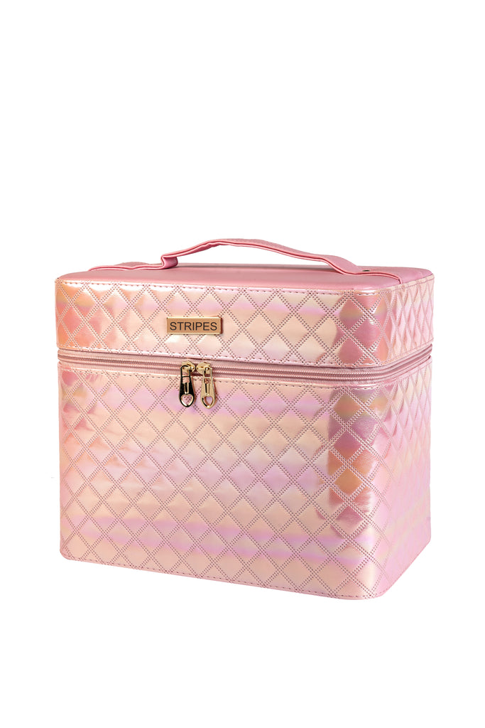 STRIPES Makeup Storage Box with Mirror | 4 Layer Travel Vanity Bag | Cosmetic Bags Multi Compartment Cosmetic Display Organizer for Lipstick NailPolish | Makeup Bags (Pink Shiny)