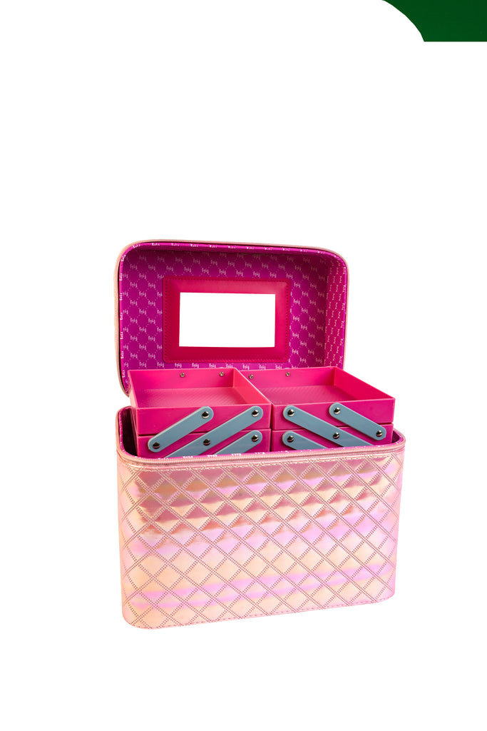 STRIPES Makeup Storage Box with Mirror | 4 Layer Travel Vanity Bag | Cosmetic Bags Multi Compartment Cosmetic Display Organizer for Lipstick NailPolish | Makeup Bags (Pink Shiny)