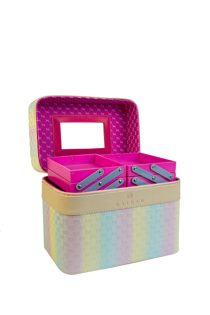 STRIPES Makeup Organizer Bag Makeup Storage Box with Mirror | 4 Layer Travel Vanity Bag | Multi Compartment Cosmetic Display Organizer for Lipstick NailPolish | -Multicolor