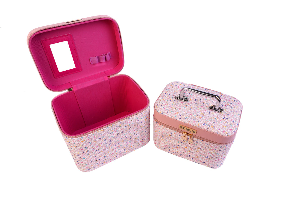 STRIPES Modern Vanityn Case Vanity Box for Women Makeup kit | Makeup Bags Vanity Bags Large, Medium Size - for Cosmetics Products and Chrome Type Handle (Pack of 2) Square Multicolor