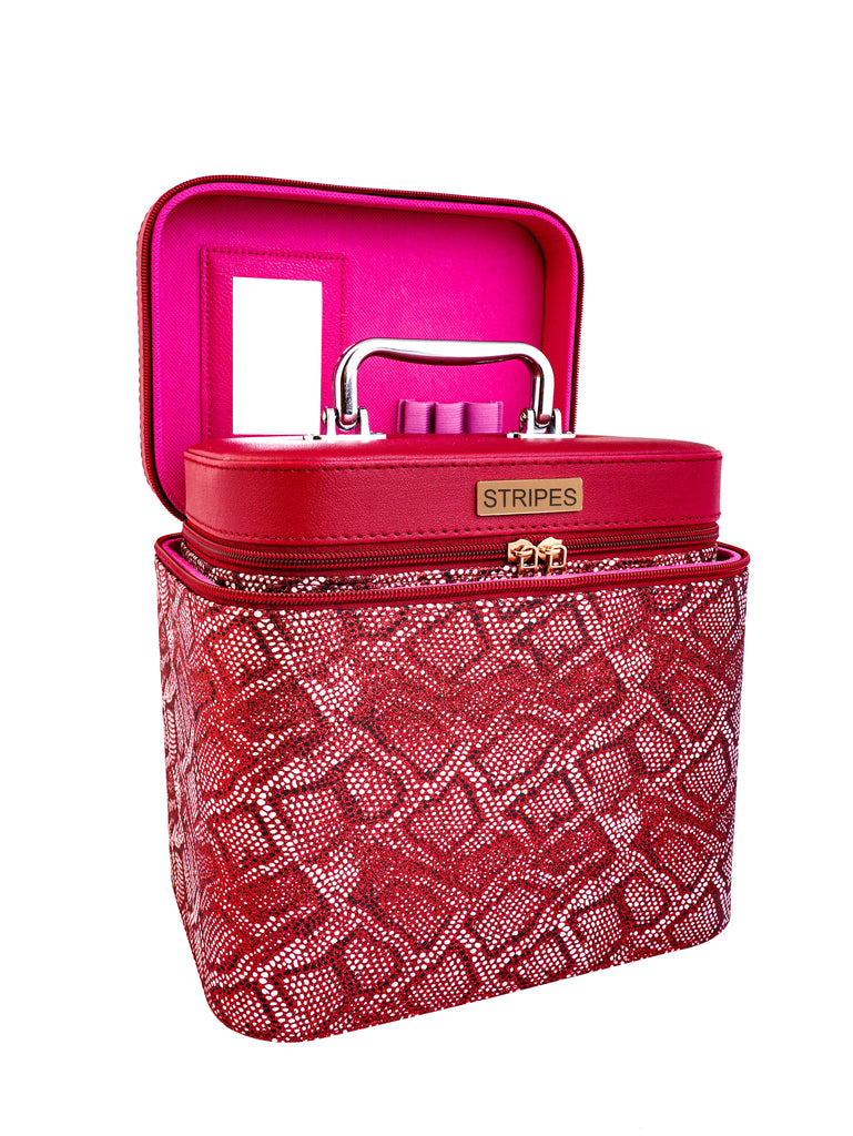 STRIPES Makeup Vanity Box Girls | Vanity Box for Women Makeup kit bag | Makeup Bags Vanity Box Medium & Small Size for Cosmetics Products Storage (Pack of 2 Boxes) (Maroon Snake Skin Design)