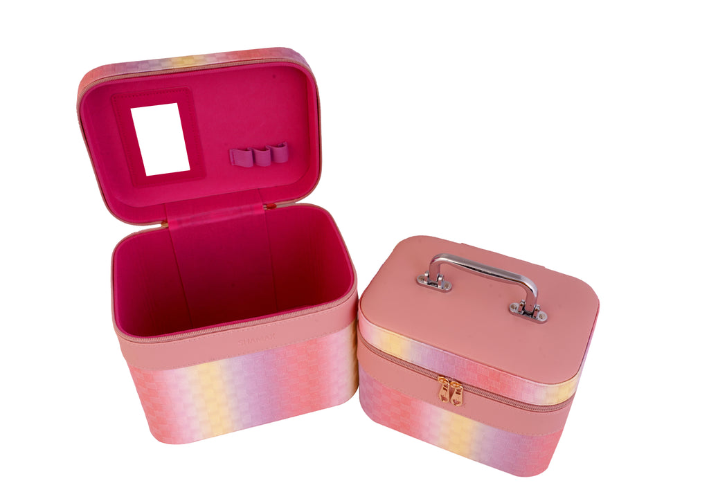 STRIPES Makeup Vanity Box for Girls | Vanity Box for Women Makeup kit | Zipper Closure Makeup Case Large & Medium Cosmetics Products Storage (Pack of 2 Boxes) - Chrome Type Handle