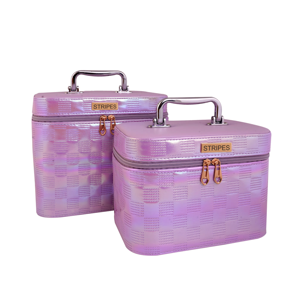 STRIPES® Makeup Vanity Box Girls | Vanity Box for Women Makeup kit | Makeup Bags Vanity Box Large & Medium Size for Cosmetics Products Storage (Pack of 2 Boxes) (Shiny Purple Color)