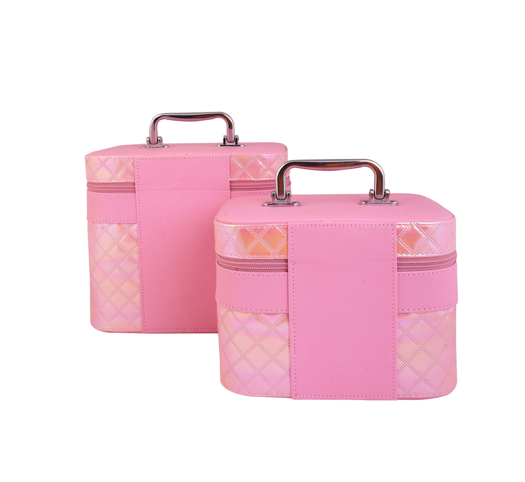 STRIPES Makeup Vanity Box Girls | Vanity Box for Women Makeup kit bag | Makeup Bags Vanity Box Large & Medium Size for Cosmetics Products Storage (Pack of 2 Boxes) (Shiny Pink)