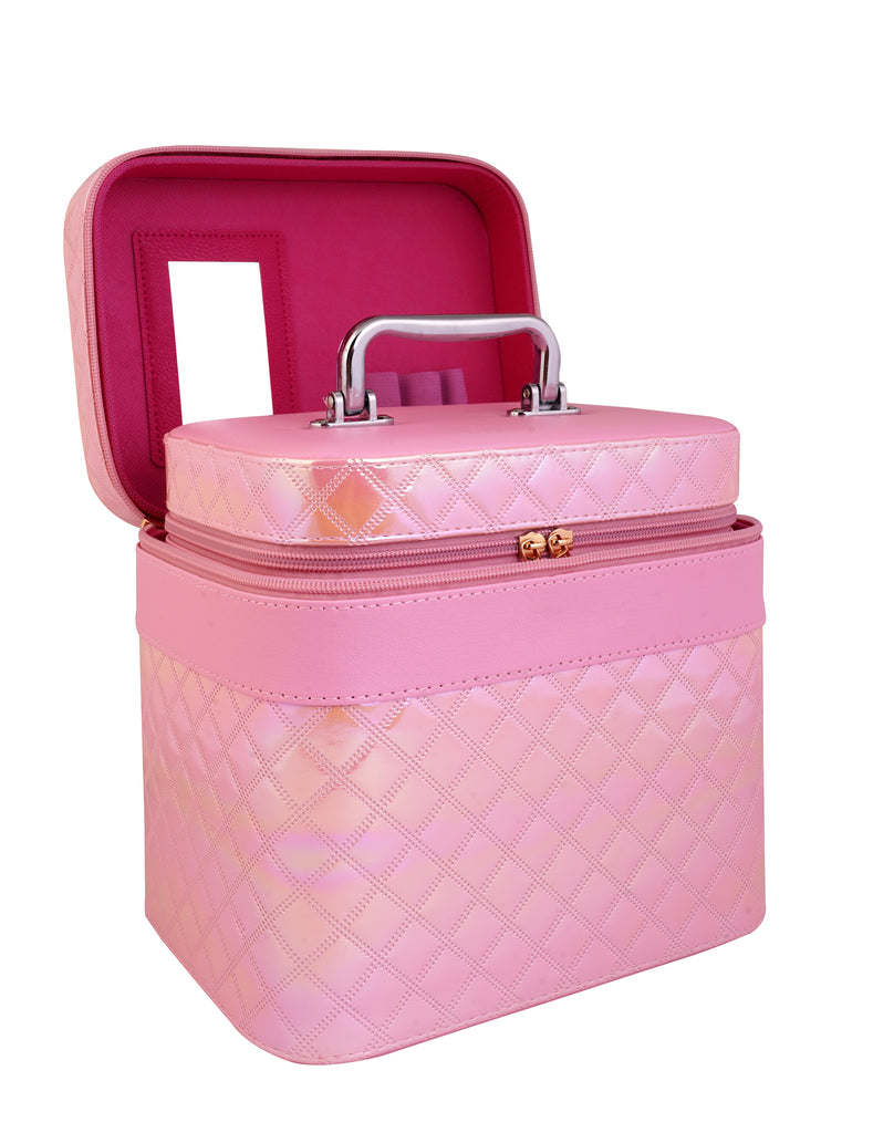 STRIPES Makeup Vanity Box Girls | Vanity Box for Women Makeup kit bag | Makeup Bags Vanity Box Large & Medium Size for Cosmetics Products Storage (Pack of 2 Boxes) (Shiny Pink)