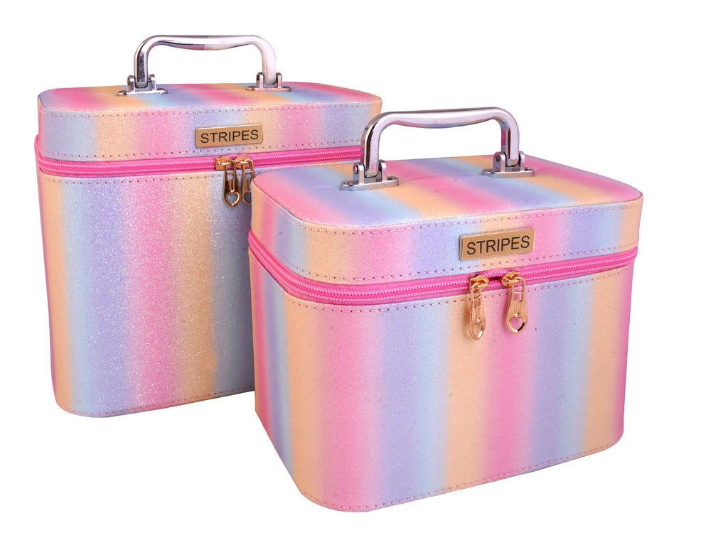 STRIPES Makeup Vanity Box Girls | Vanity Box for Women Makeup kit | Makeup Bags Vanity Box Large & Medium Size for Cosmetics Products Storage (Pack of 2 Boxes) (Pink Multicolor)