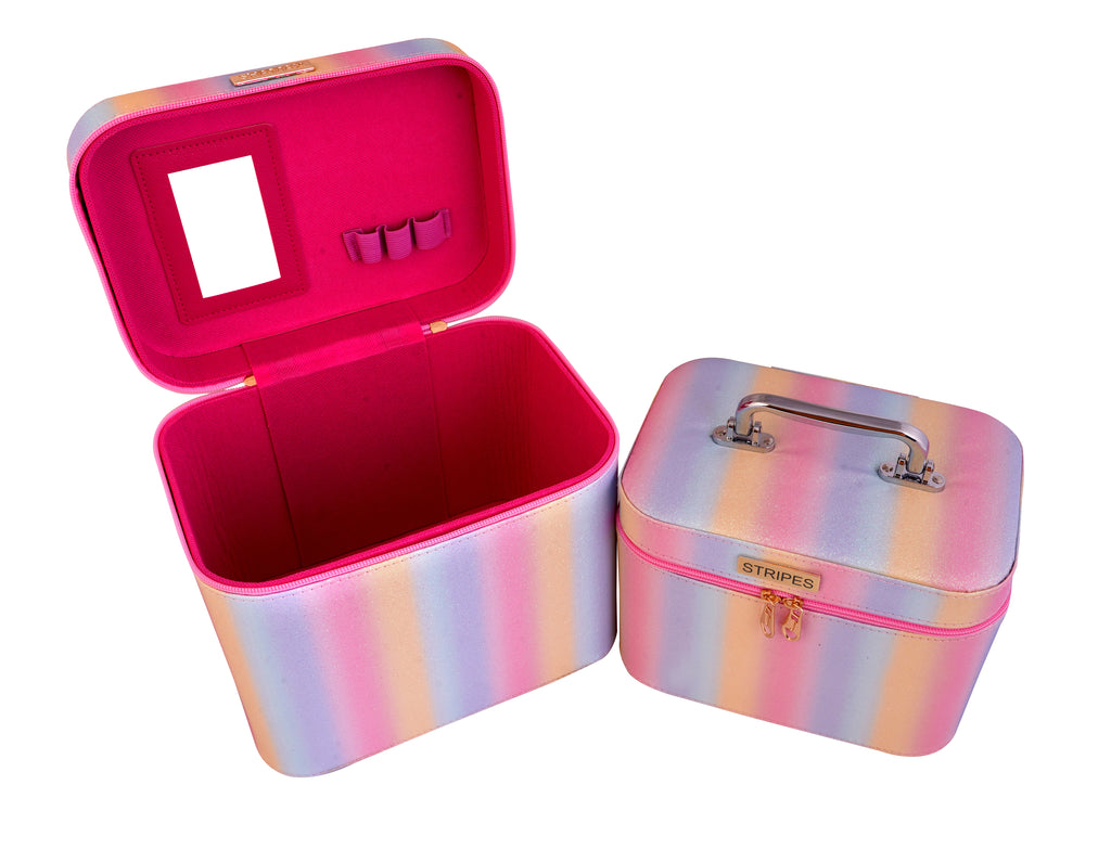 STRIPES Makeup Vanity Box Girls | Vanity Box for Women Makeup kit | Makeup Bags Vanity Box Large & Medium Size for Cosmetics Products Storage (Pack of 2 Boxes) (Pink Multicolor)