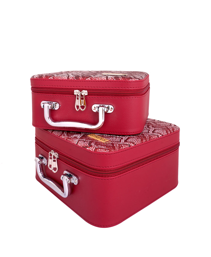 STRIPES Makeup Vanity Box for Women | Makeup Box Good for Storage | Vanity Cosmetics Products Storage Box- (Pack of 2) - Waterproof, Durable, for Gifting -Flat Designed (Snake Designed Maroon)