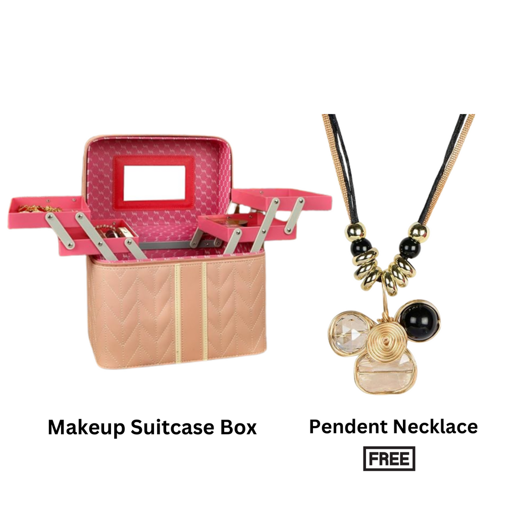 STRIPES Professional Beauty Make Up Case Nail Cosmetic Box Vanity | Free long chain with Pendent Necklace