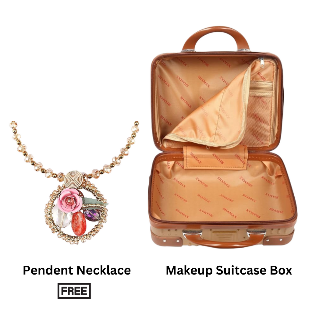 Makeup Case Suitcase Organizer Box Travel Vanity Luggage Mini Case (Brown) | Necklace for Women/Girl/Pink Flower Design