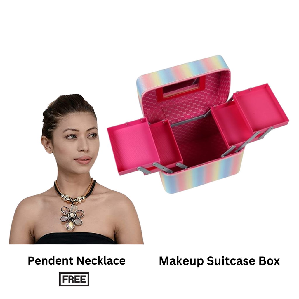 STRIPES Shiny Glitter Makeup Organizer Bag for Travel Large Vanity Box| free Modern Fancy Pendant Necklace