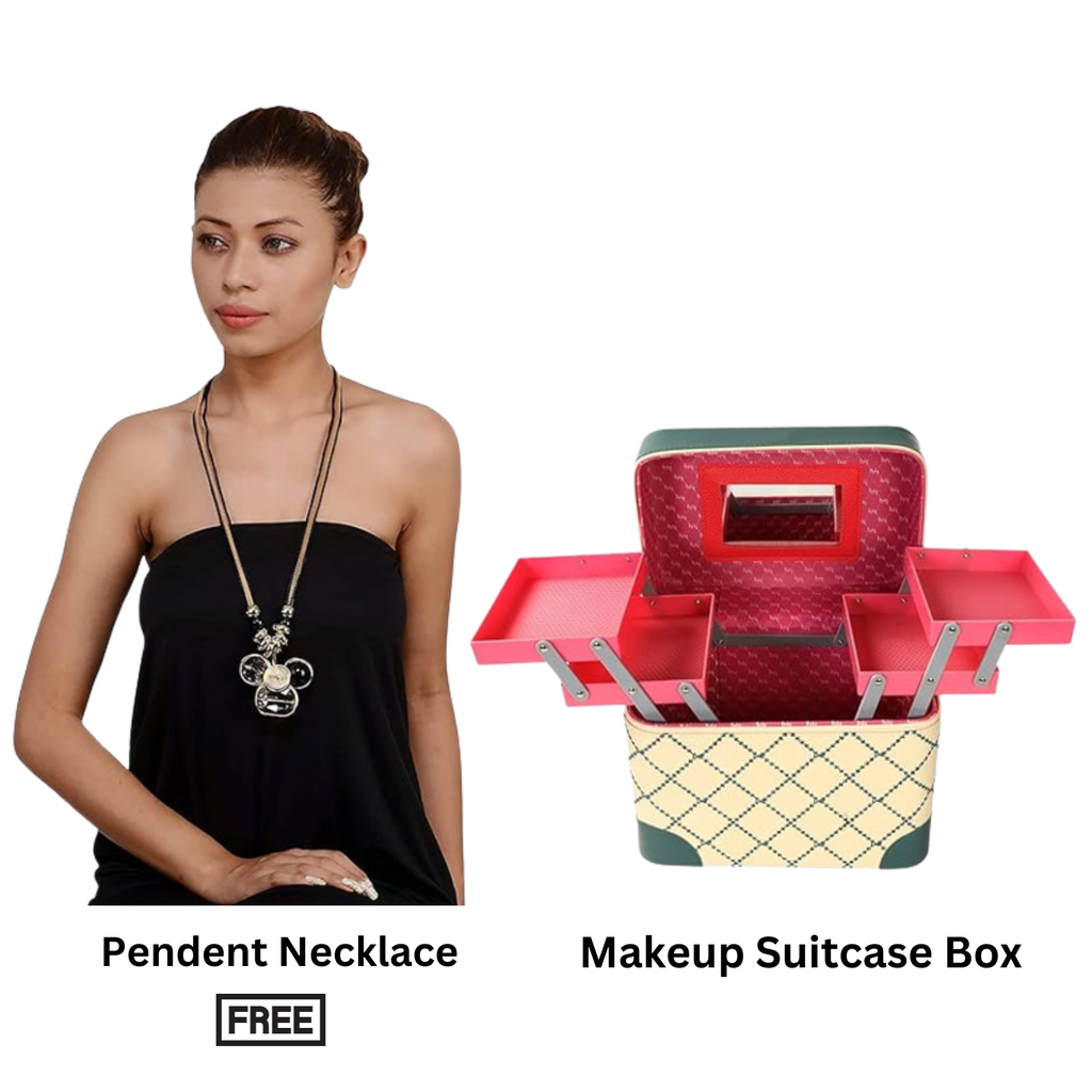 Makeup Box Cosmetic Case with 5 Compartments 2 Layer Tray Jewellery for Women Girl (Cream Peacock)| long chain with Pendent Necklace