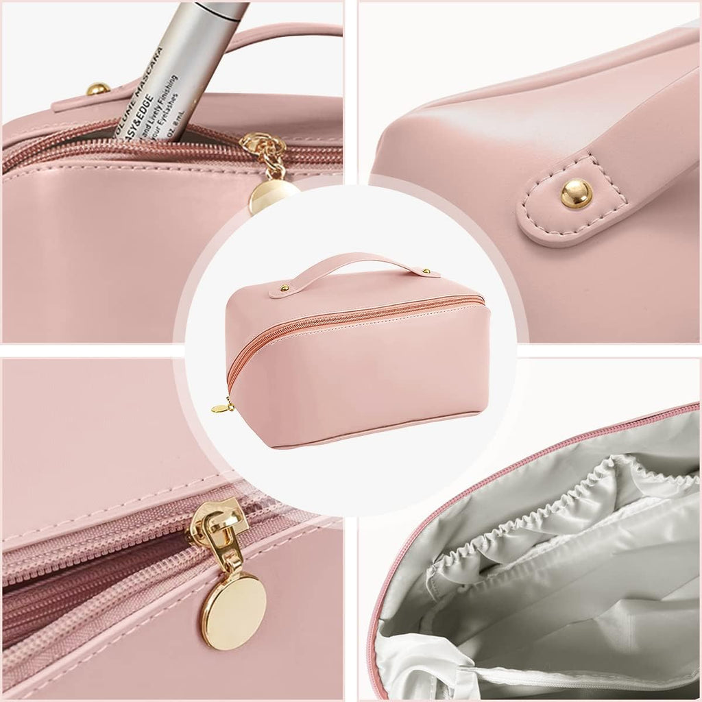 Makeup Bag Travel Cosmetic Bag for Women, Waterproof PU Leather Zipper Makeup Bag Multifunctional Make up Organizer with Handle and Travel Toiletry Bag (Pink)