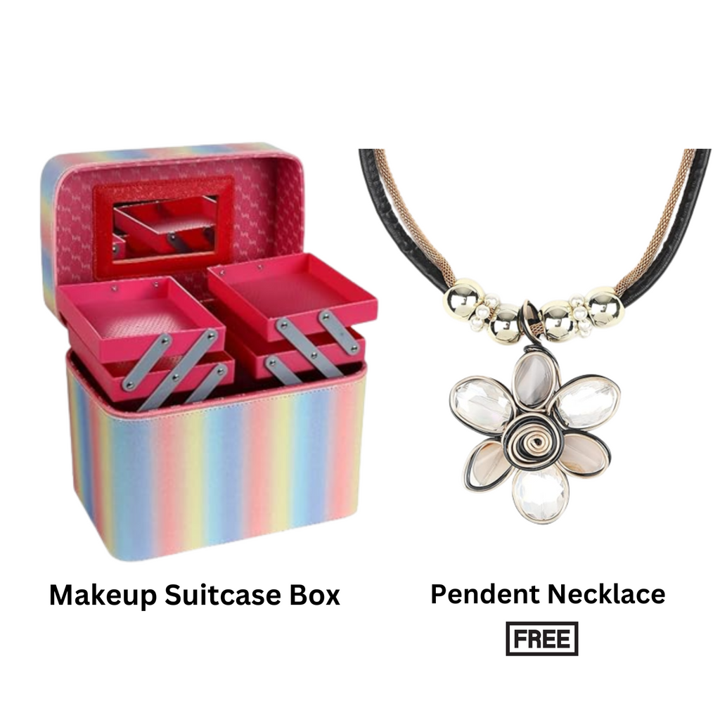 STRIPES Shiny Glitter Makeup Organizer Bag for Travel Large Vanity Box| free Modern Fancy Pendant Necklace