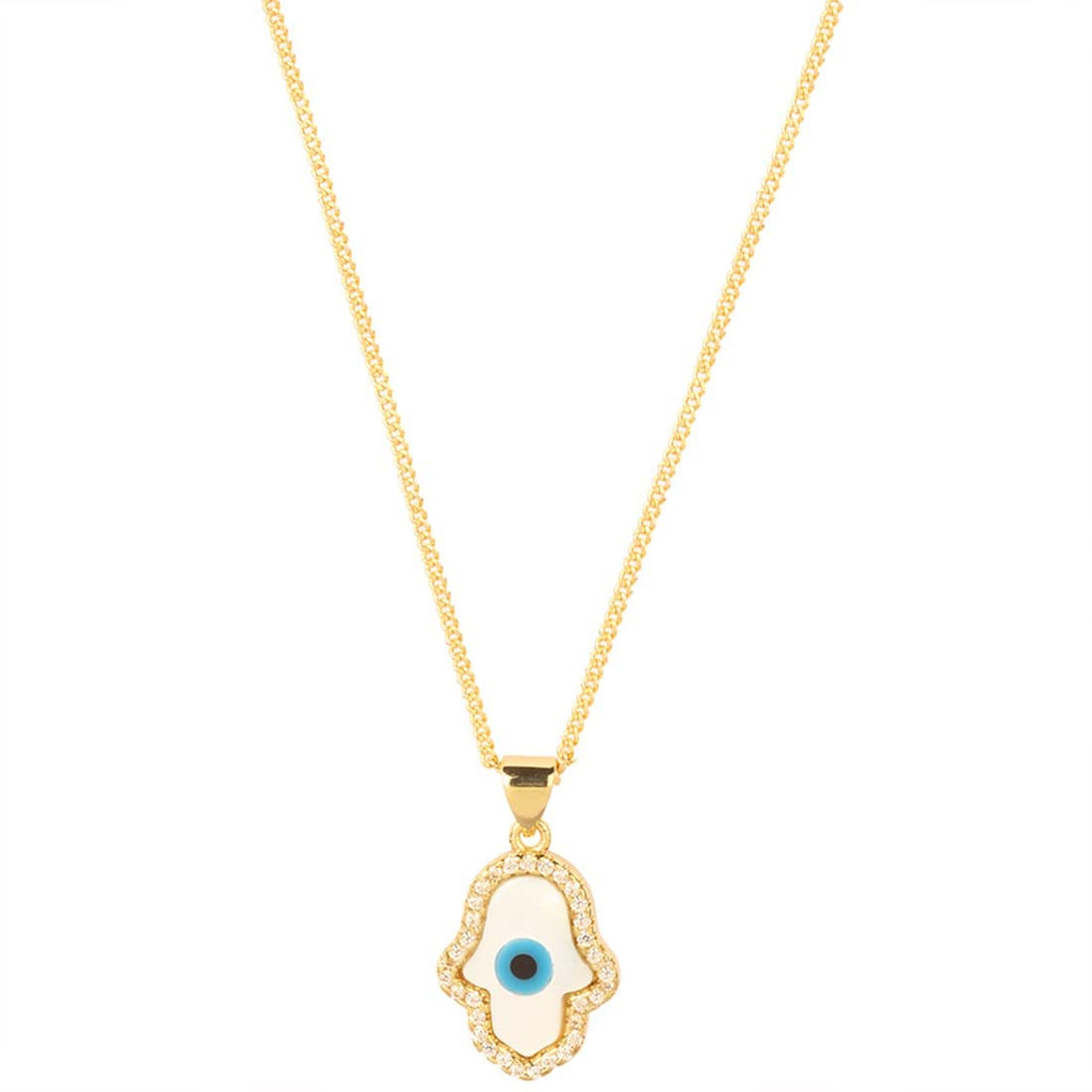 STRIPES® Evil Eye Hamsa with Mother of Pearl Zirconia Pendant Charm Gold Necklace Chain For Women and Girls