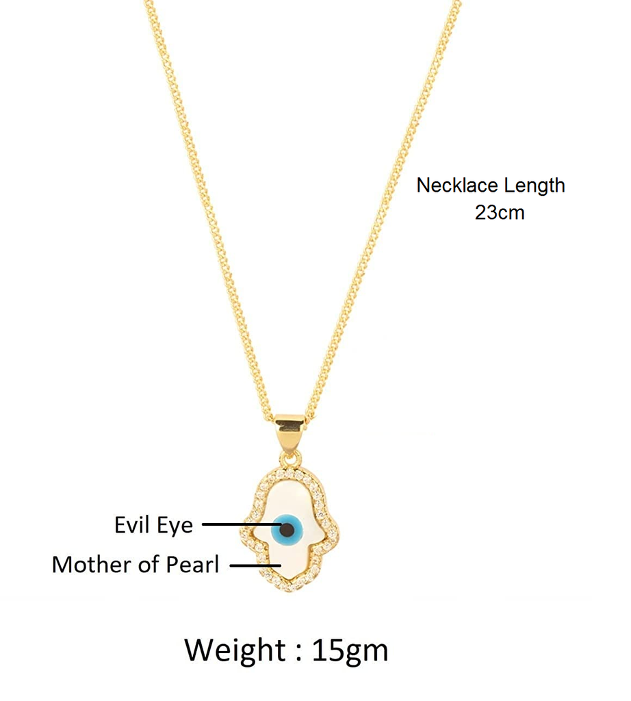 STRIPES® Evil Eye Hamsa with Mother of Pearl Zirconia Pendant Charm Gold Necklace Chain For Women and Girls