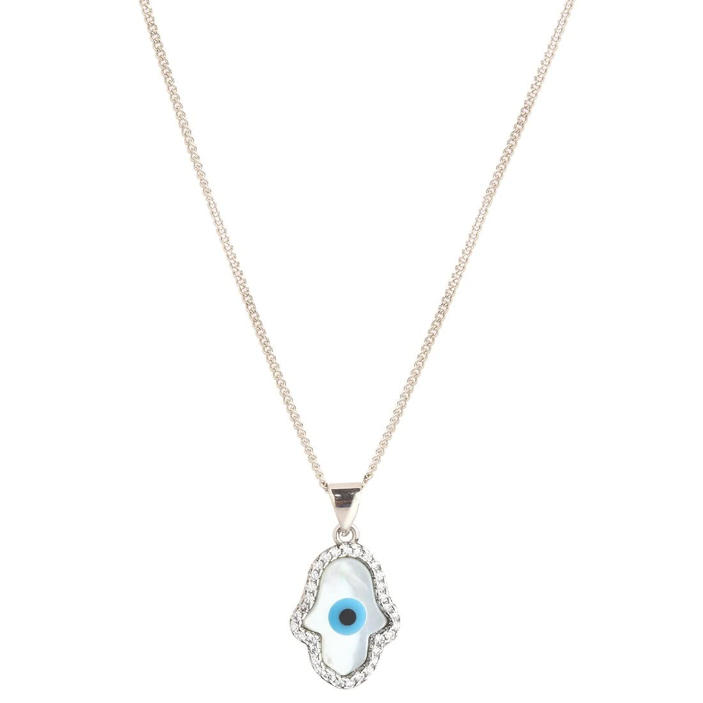 STRIPES® Evil Eye Hamsa with Mother of Pearl Zirconia Pendant Charm Silver Necklace Chain For Women and Girls