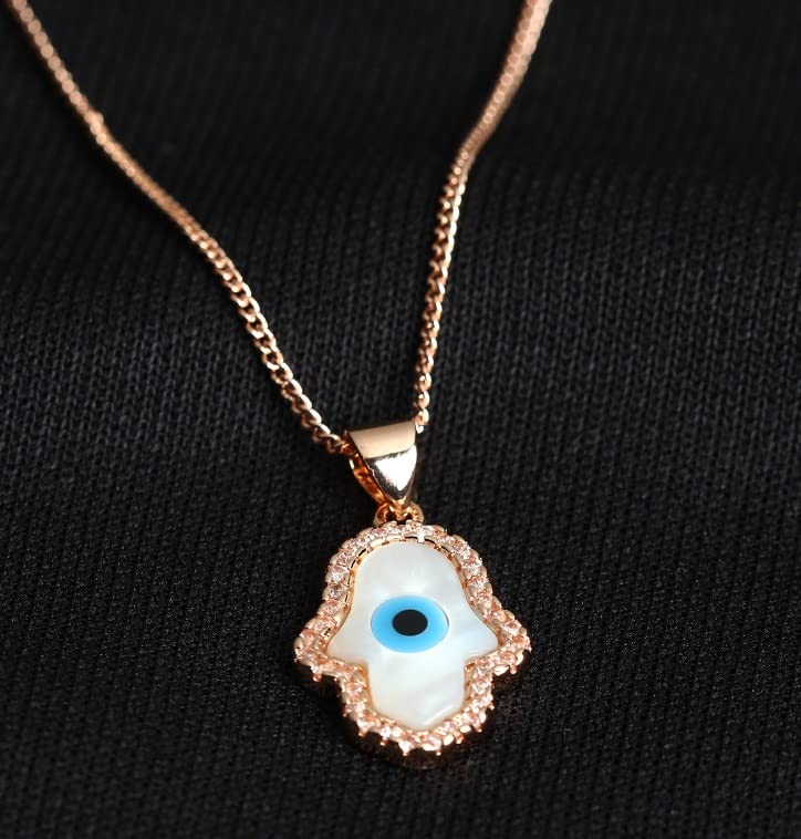 STRIPES® Evil Eye Hamsa with Mother of Pearl Zirconia Pendant Charm Rose Gold Necklace Chain For Women and Girls