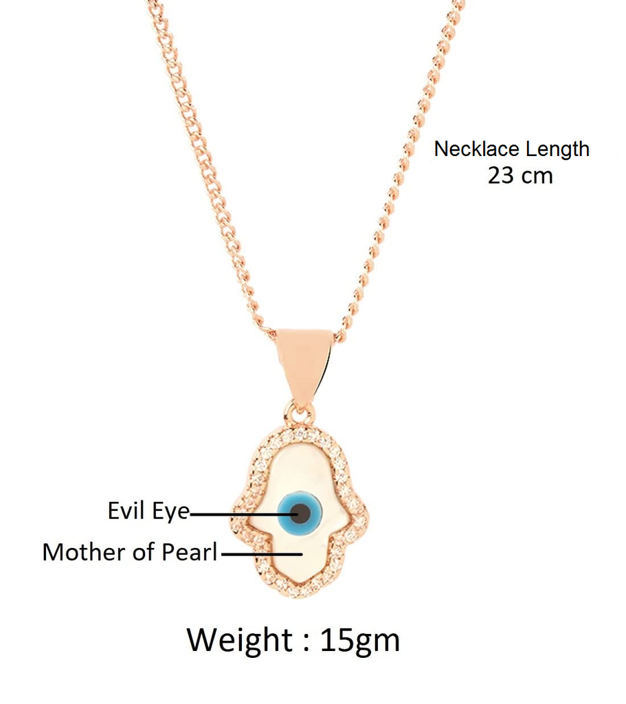 STRIPES® Evil Eye Hamsa with Mother of Pearl Zirconia Pendant Charm Rose Gold Necklace Chain For Women and Girls