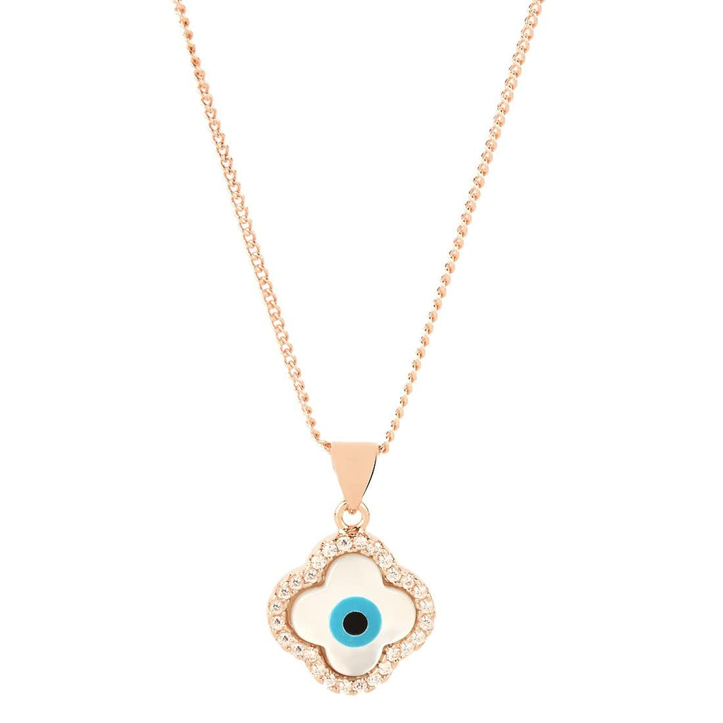 STRIPES® Flower Evil Eye Mother of Pearl Zirconia Pendant Charm Rose Gold Necklace Chain For Women and Girls