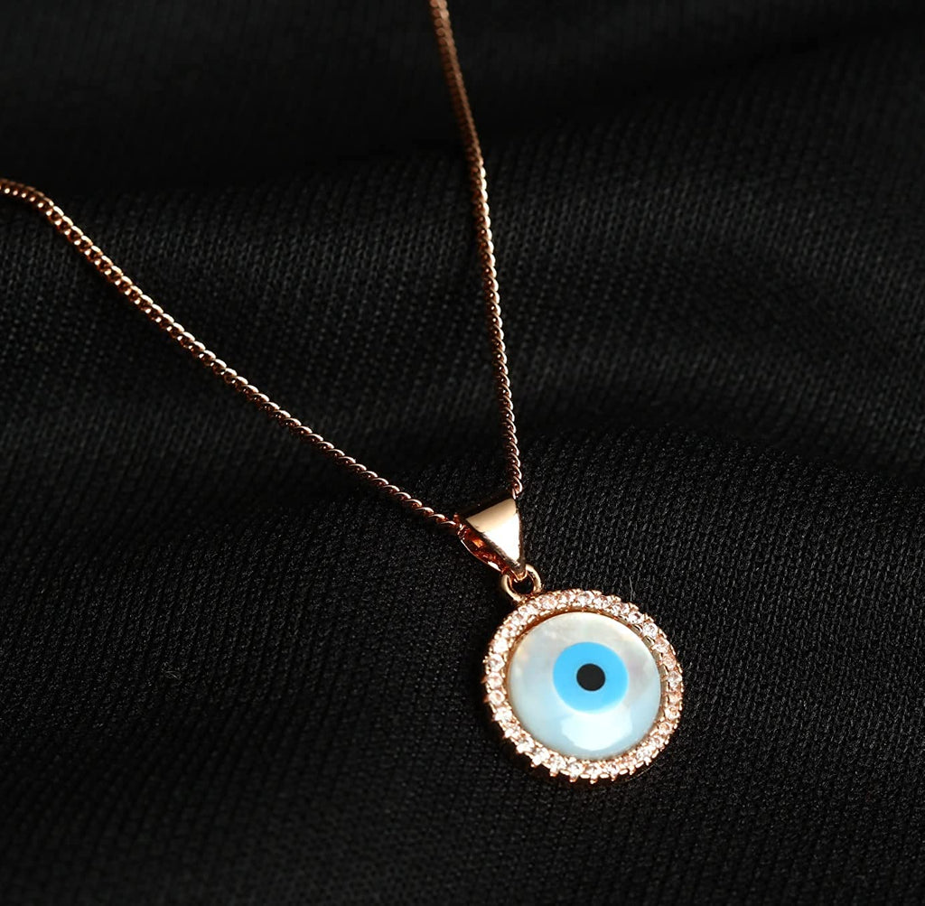 STRIPES® Round Evil Eye Mother of Pearl Zirconia Pendant Charm Rose Gold Necklace Chain For Women