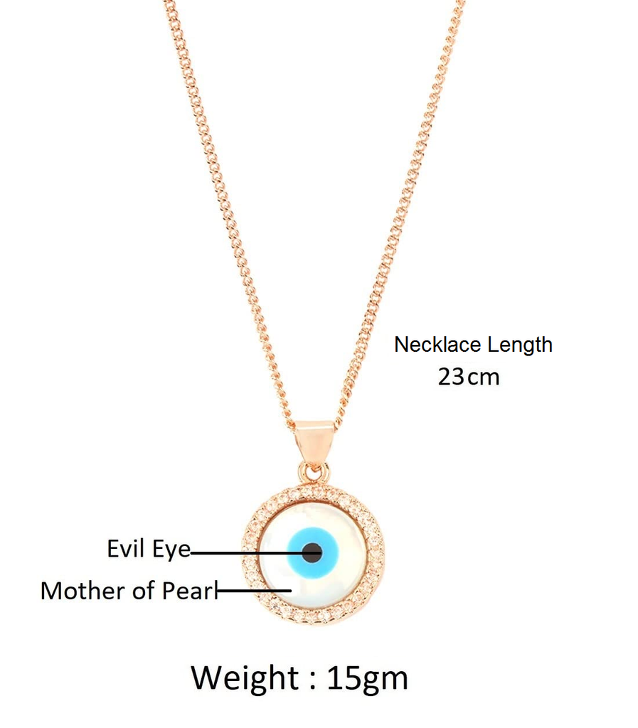 STRIPES® Round Evil Eye Mother of Pearl Zirconia Pendant Charm Rose Gold Necklace Chain For Women