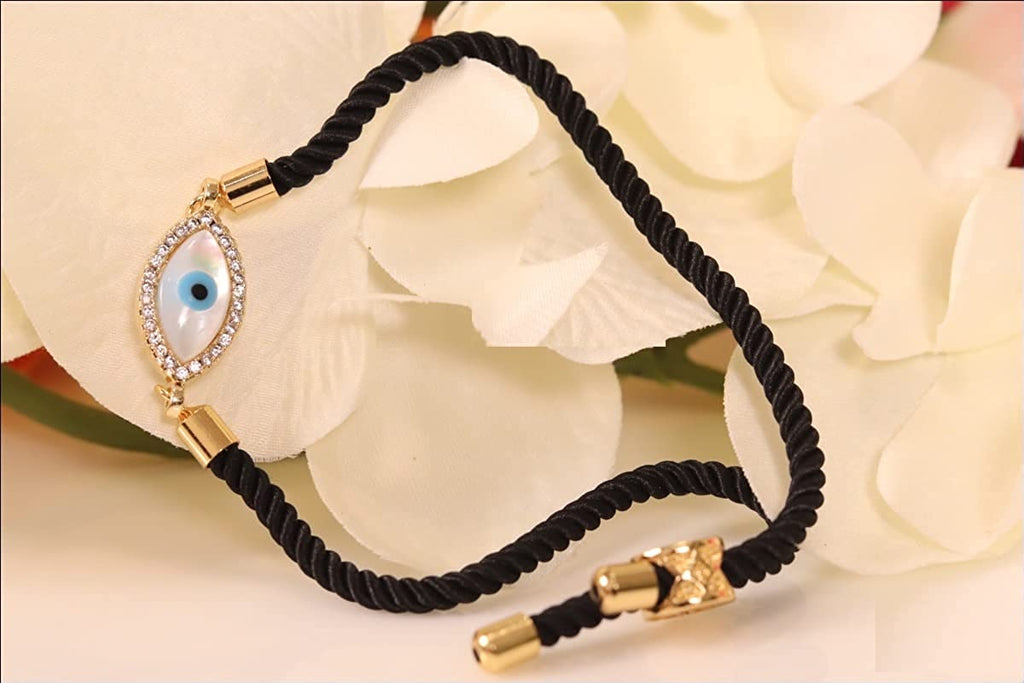 STRIPES Gold Mother Of Pearl Evil Eye Bracelet Black String Kabbalah Protection Handmade Adjustable Rope Cord Thread Friendship Bracelets For Women / Girls