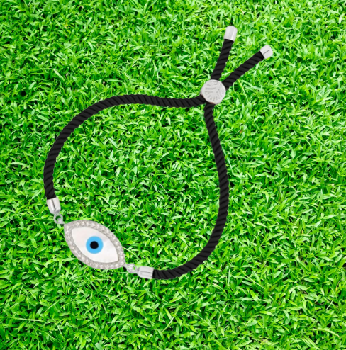 STRIPES® Silver Mother Of Pearl Evil Eye Bracelet Black String Kabbalah Protection Handmade Adjustable Rope Cord Thread Friendship Bracelets For Women / Girls