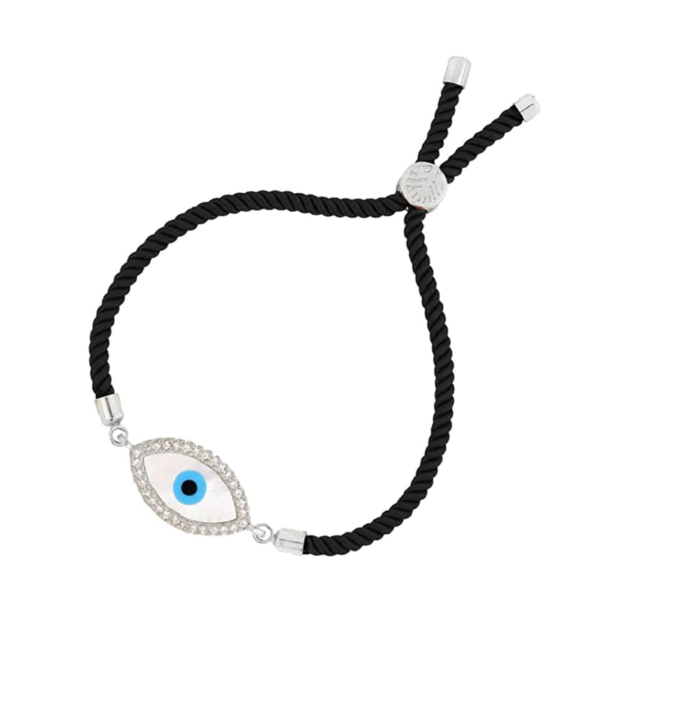STRIPES® Silver Mother Of Pearl Evil Eye Bracelet Black String Kabbalah Protection Handmade Adjustable Rope Cord Thread Friendship Bracelets For Women / Girls