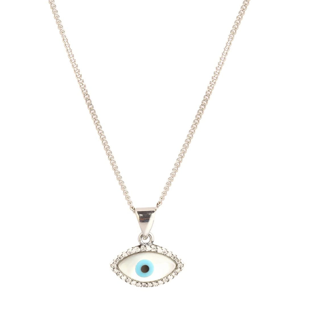 STRIPES® Evil Eye Mother of Pearl Zirconia Pendant Charm Silver Necklace Chain For Women and Girls