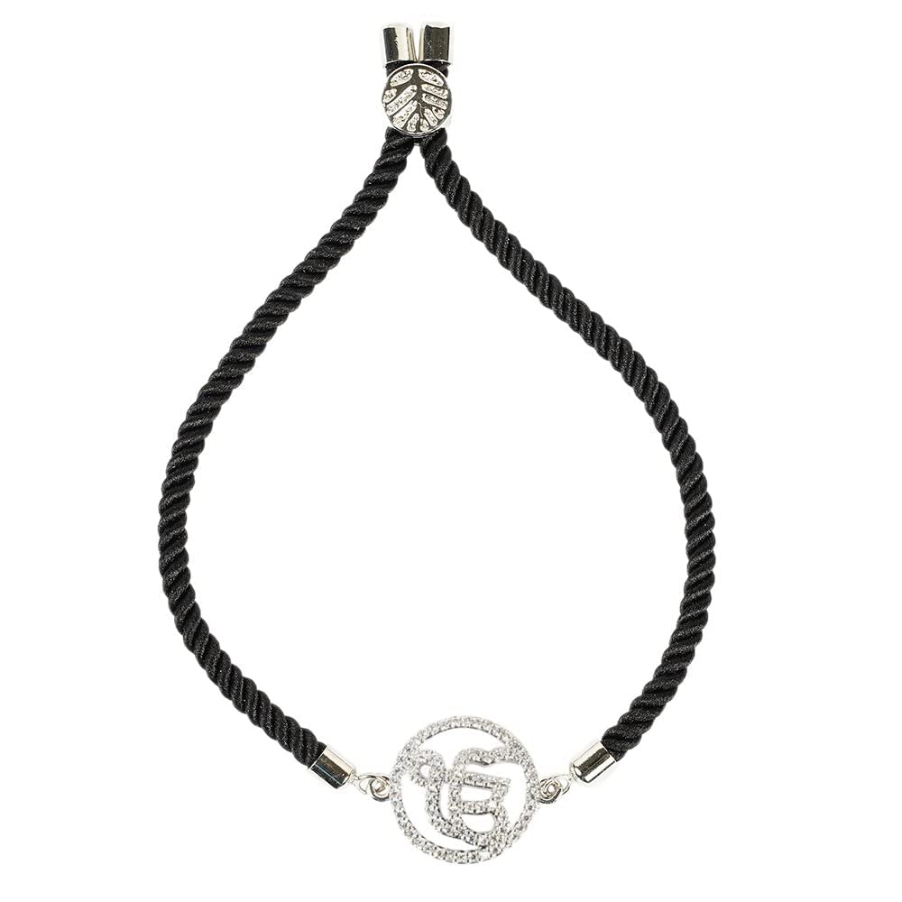 STRIPES Silver Color Ek Onkar with Rhinestone Bracelet Black String Handmade Adjustable Rope Cord Thread Friendship Bracelets For Women/Girls
