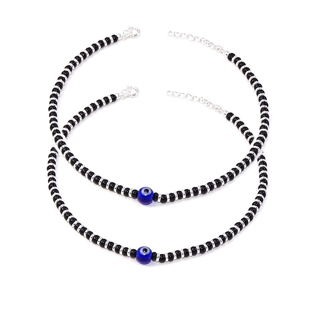Silver Black Beads with Blue Evil Eye Nazariya Payal Anklet