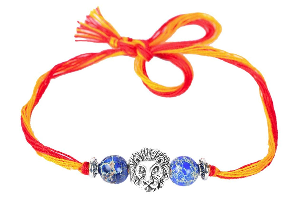 STRIPES Multi Colour Thread Evil Eye Protection With Silver Lion Head Rakhi For Brother