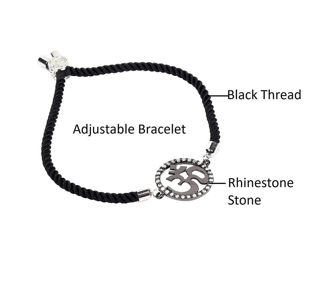 STRIPES® Gun Black Color OM with Rhinestone Bracelet Black String Kabbalah Protection Handmade Adjustable Rope Cord Thread Friendship Bracelets For Women/Girls