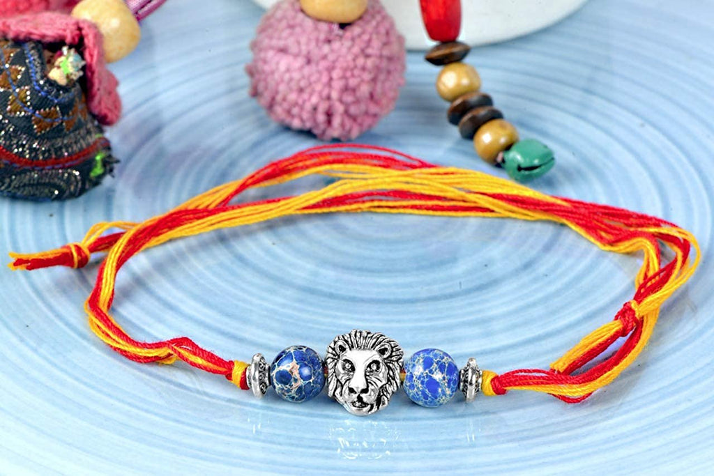 STRIPES Pack Of 2 Multi Color Thread with Silver / Gold lion head Handmade Raksha Bandhan Rakhi For Brother
