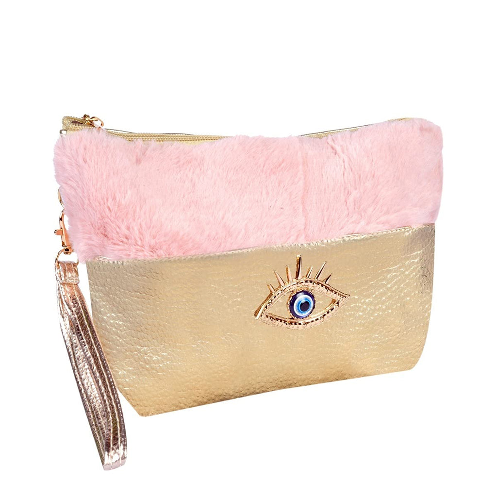 STRIPES Makeup Pouch Gold with Baby Pink Color Soft Faux Fur Large Capacity Cosmetic Bag for Women, ( Charm May Vary )