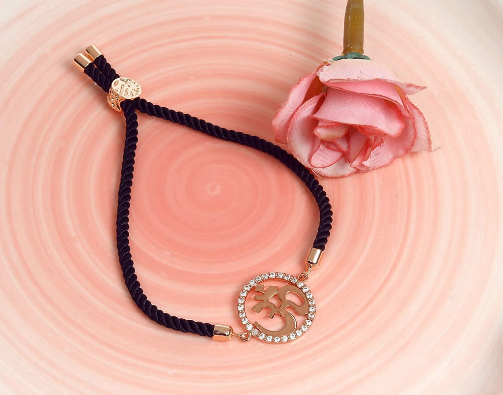 STRIPES® Rose Gold Color OM with Rhinestone Bracelet Black String Kabbalah Protection Handmade Adjustable Rope Cord Thread Friendship Bracelets For Women/Girls