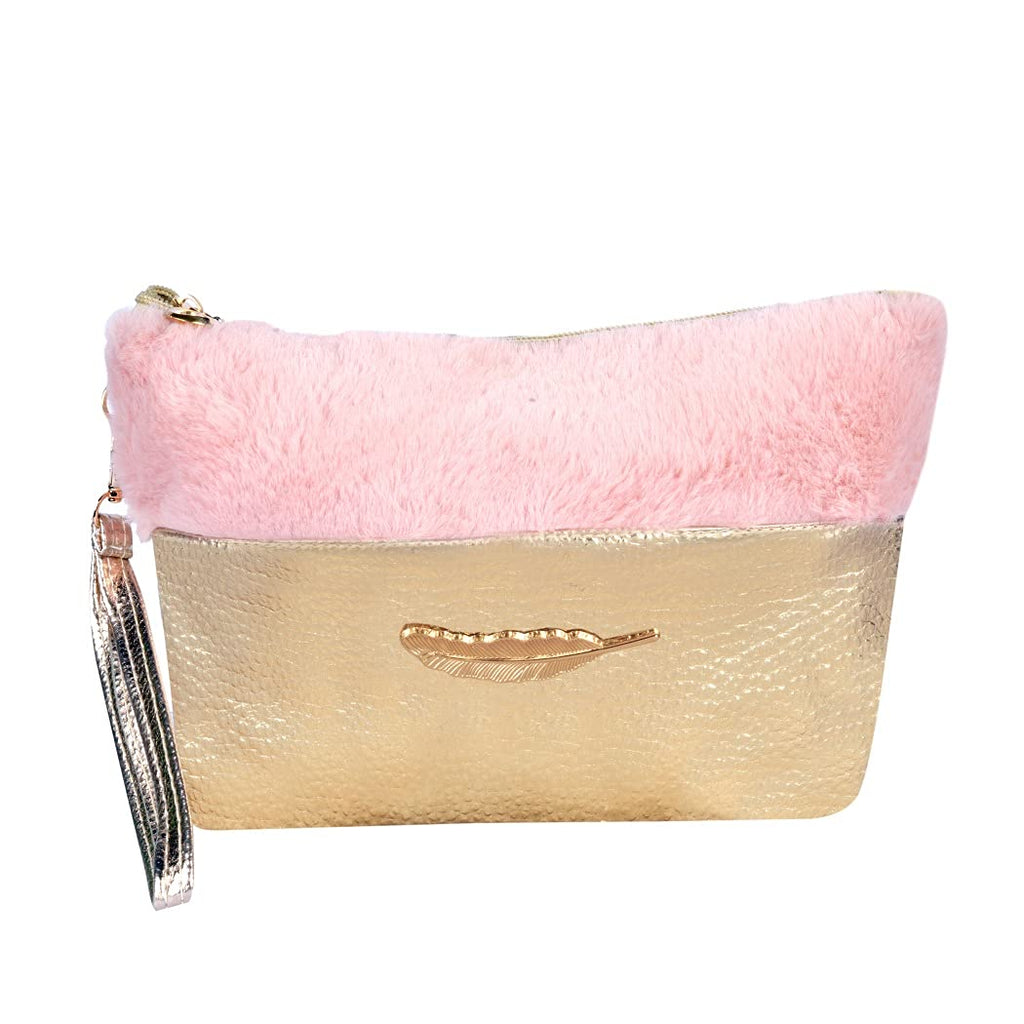 STRIPES Makeup Pouch Gold with Baby Pink Color Soft Faux Fur Large Capacity Cosmetic Bag for Women, ( Charm May Vary )