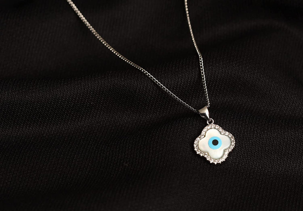 STRIPES® Flower Evil Eye Mother of Pearl Zirconia Pendant Charm Silver Necklace Chain For Women and Girls