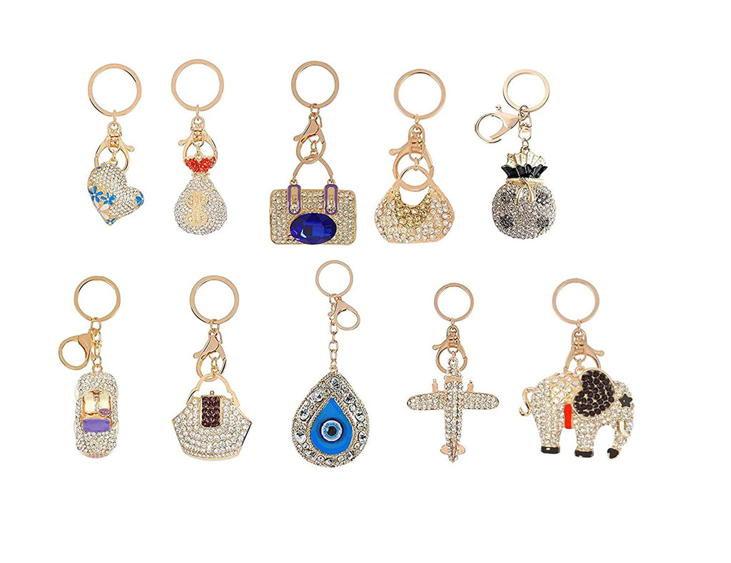 STRIPES® Rhinestones Crystal Multi Color Key Chain Key Ring Car Bike Key Holder Smart and Stylish Keychain Keychain for Girls Bag Charm for Women (4 pcs Set Random Design)