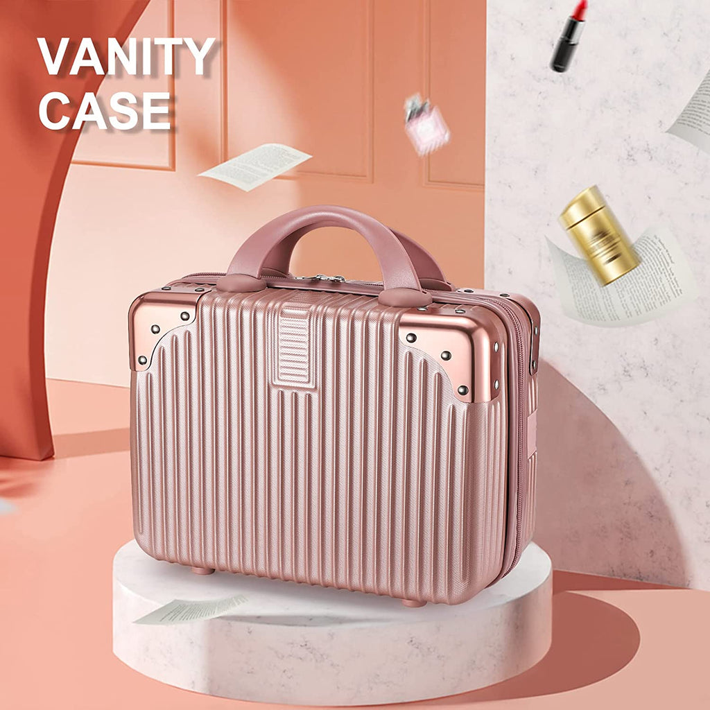 STRIPES Hard Shell Cosmetic Travel Hand Luggage Portable Carrying Makeup Case Suitcase Organizer Box Travel Vanity Luggage Mini Case (Rose Gold)